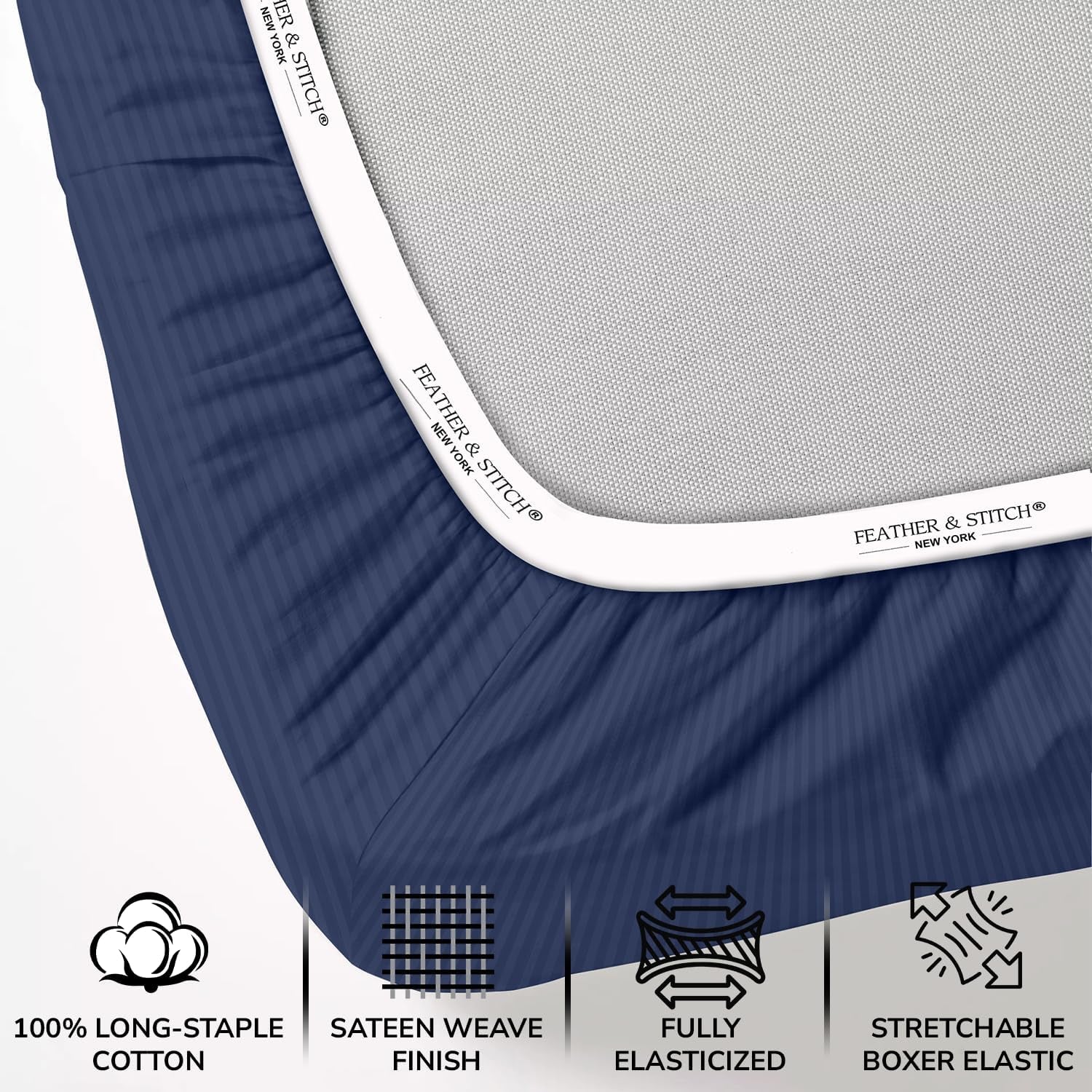 Feather & Stitch 500 Thread Count California King Size Cotton Sheets Dark Blue 4 Piece Damask Stripe Sheet Set 18 Inch Deep Pocket Sateen Weave Striped Sheets with 2 Pillowcases Luxury Bedding