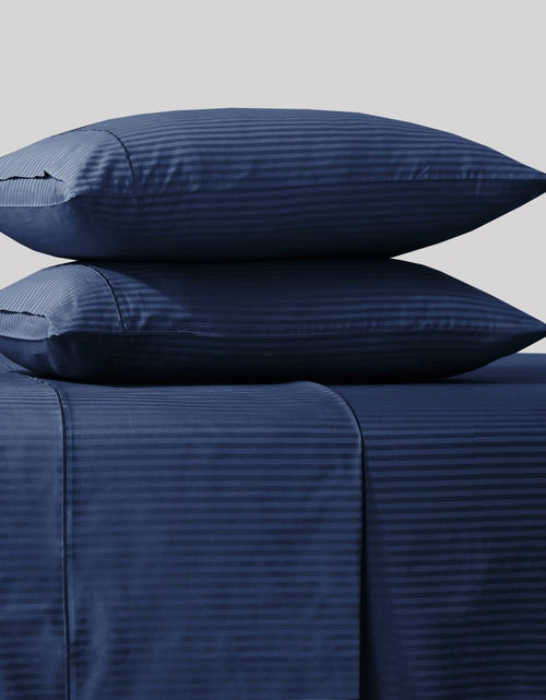 Load image into Gallery viewer, Feather &amp; Stitch 500 Thread Count California King Size Cotton Sheets Dark Blue 4 Piece Damask Stripe Sheet Set 18 Inch Deep Pocket Sateen Weave Striped Sheets with 2 Pillowcases Luxury Bedding
