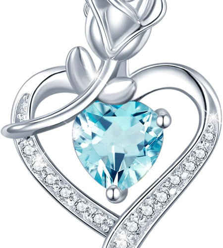 Fine Jewelry Valentines Day Gifts for Her Birthstone Necklace for Women Sterling Silver Genuine or Created Gemstone Rose Flower Heart Pendant Necklace Anniversary Birthday Gifts for Girls Wife Mom