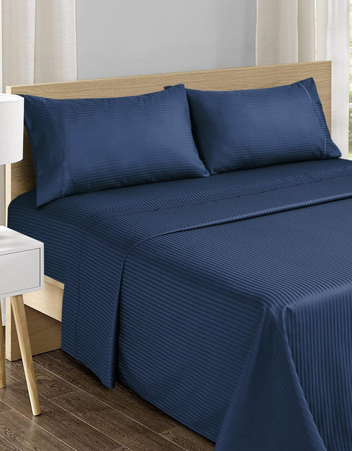 Load image into Gallery viewer, Feather &amp; Stitch 500 Thread Count California King Size Cotton Sheets Dark Blue 4 Piece Damask Stripe Sheet Set 18 Inch Deep Pocket Sateen Weave Striped Sheets with 2 Pillowcases Luxury Bedding
