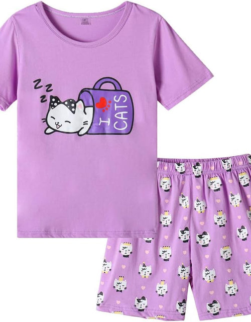 Load image into Gallery viewer, Young Girls Pajama Cute Cat Pattern Nighty Comfy Shorts Cotton Sleepwear
