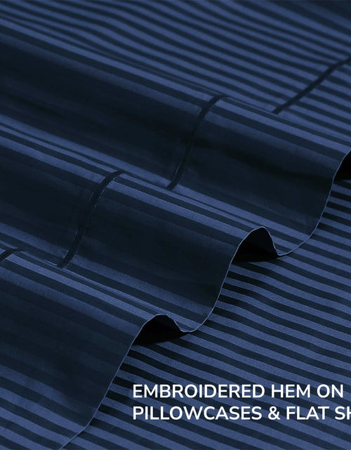 Load image into Gallery viewer, Feather &amp; Stitch 500 Thread Count California King Size Cotton Sheets Dark Blue 4 Piece Damask Stripe Sheet Set 18 Inch Deep Pocket Sateen Weave Striped Sheets with 2 Pillowcases Luxury Bedding
