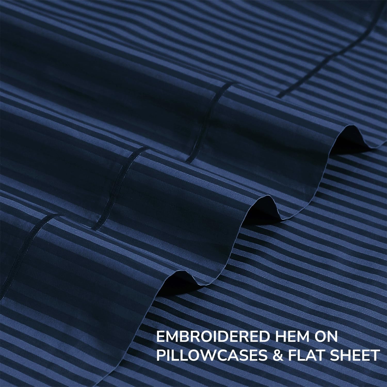 Feather & Stitch 500 Thread Count California King Size Cotton Sheets Dark Blue 4 Piece Damask Stripe Sheet Set 18 Inch Deep Pocket Sateen Weave Striped Sheets with 2 Pillowcases Luxury Bedding